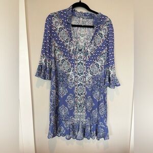 Free People Blue and White Patterned Dress Medium